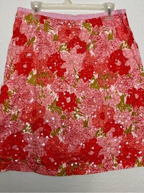 snak Cotton Floral Sequin Knee Length A-Line Skirt Pink Red Green Size 10